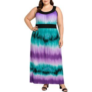 Susan Lawrence Sleeveless Tie-Dye Print Black Waistband Maxi Dress Size XL